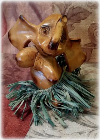 Vintage Hand Carved Wood Elephant With Grass Skirt 6 1/2 ".