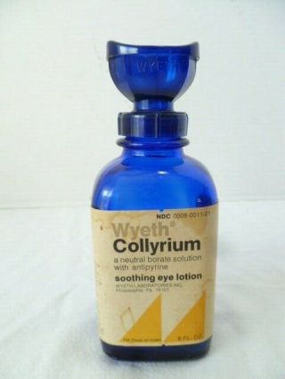 Vintage Wyeth Collyrium Colbalt Blue Glass Bottle With Eye Wash Cup.  Lid Plastic