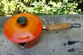 Le Creuset Cast Iron Flame Red - Orange Wood Handle No.  14 1 Qt Sauce Pan Pre Owned