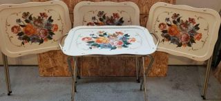 Vintage Metal Tv Trays & Stand Set Of 3 Rose Pattern See Pictures