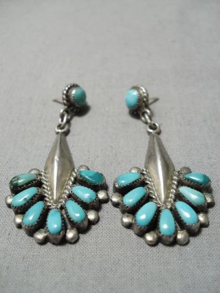 Important Vintage Zuni Bill Lou Sterling Silver Turquoise Earring Old