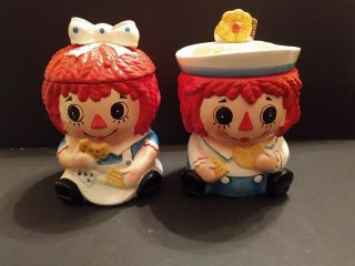 Vintage Napcoware Colorful Raggedy Ann And Andy Ceramic Cookie Jars,  10 " Tall