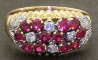Vintage 1940s 18k Gold 1.  52ctw Diamond/red Gemstone Cluster Flower Ring Size 10