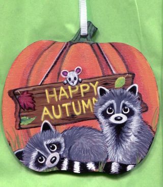 Hand Painted Raccoon Pumpkin Autumn Friends Wooden Magnet Ornament
