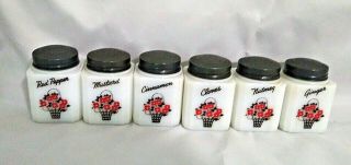 Set Of 6 Vintage Milk Glass Spice Jars Marked Tipp U.  S.  A.  Red Flowers Black Lids