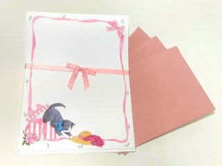 Gray White Cat Kitten Pink Vintage Stationery Set With Paper And Envelopes