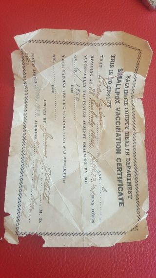 Baltimore Md Health Department Smallpox Vaccination Certificate 1950