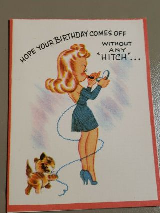 Vintage 1940s Birthday Greeting Card With Kitten And Girl.  Funny