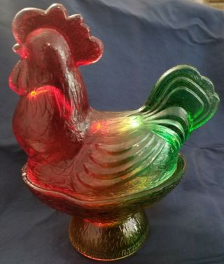 Vintg.  Chicken Hen Rooster Red & Green Stained Pressed Glass Covered Candy Dish