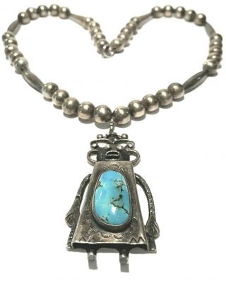 Vtg Navajo Turquoise Sterling Silver Hopi Kachina Doll Pendant Necklace 86 Gr.