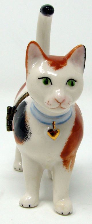 Studio Usa Porcelain Hinged Trinket Box Calico Cat With Blue Collar Green Eyes