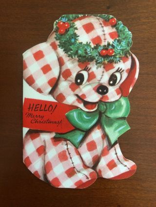 Vtg Rust Craft Marjorie Cooper Christmas Card Gingham Toy Dog & Bow,  Tag,  Wreath