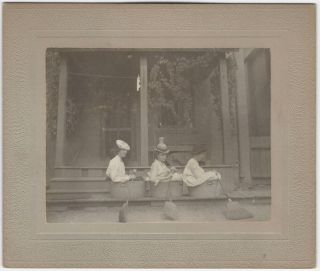 1900 Mounted Photo of 3 Women on a Porch Rowing Washtubs with Brooms 2