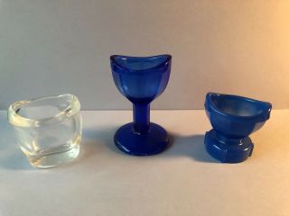 Three Vintage Eye Wash Cups Cobalt Blue - Wyeth - Clear Glass