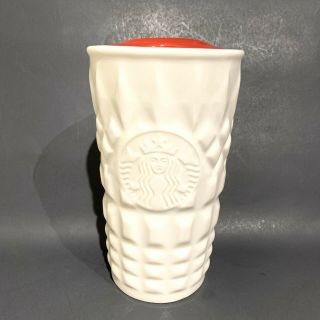 2014 Starbucks White Ceramic Sweater Travel Mug Red Lid 10oz Siren Coffee Cup
