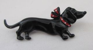 Dachshund Doxie Dog Black Short Haired Red Bow Pin Brooch