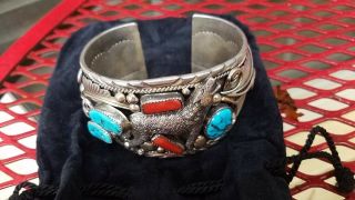 Huge 150 Gram Vintage Old Pawn Navajo Wolf Turquoise Coral Silver Cuff Bracelet