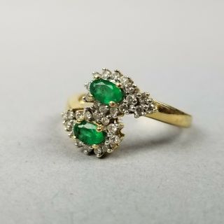 Marked Estate Vintage Solid 14k Gold Natural Emerald Diamond Bypass Ring,  Size 7
