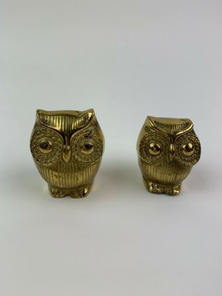 Brass Owl Set Of 2 Vintage Paperweight Figurines Mid Century Decor Mcm