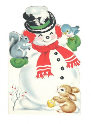 Vintage Norcross Christmas Greeting Card Animals Around Snowman 1960 