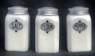 3 Piece 1940’s Hazel Atlas White Black Range Set Salt Pepper Flour Shaker Jars