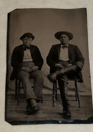 Vintage Antique Tintype Photo Of 2 Men With Hats 1 - Tall Boots Bowties