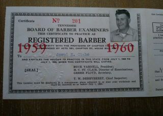 Vintage Mid Century Barber ' s License Tennessee with Application for Renewal 3