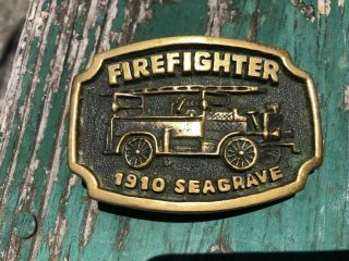 Firefighter 1910 Seagrave Firetruck Soild Brass Belt Buckle -