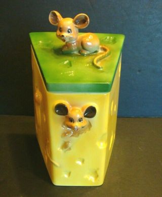Vtg Cookie Jar Mouse & Block Of Swiss Cheese Made In Japan Yellow Green Ceramic