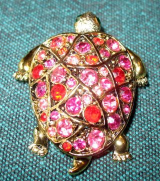 Hollycraft Sea Turtle Pin Brooch Pink Red Rhinestone Shell Green Rhinestone Eyes