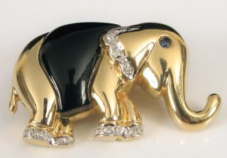 Vintage 14k Yellow Gold Black Onyx Diamond & Sapphire Eye Fine Elephant Brooch