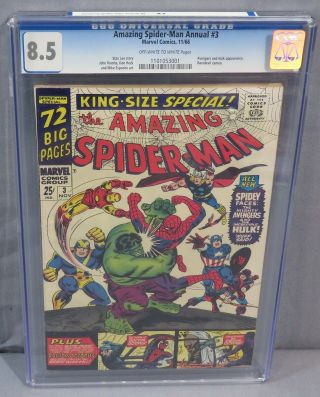 The Spider - Man Annual 3 (avengers,  Hulk App. ) Cgc 8.  5 Vf,  Marvel 1966