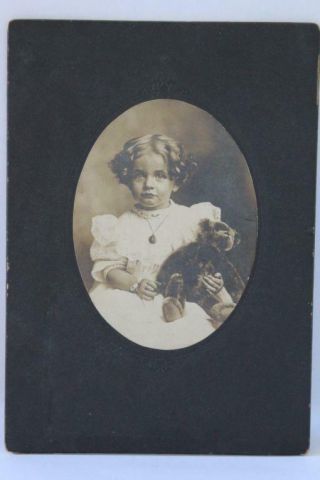 Victorian Girl Holding Teddy Bear Antique Photo Cabinet Card Negative Look (v21)