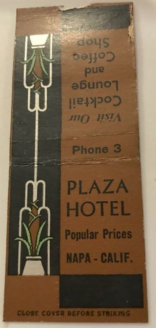 Old Matchbook Cover Plaza Hotel Napa Ca