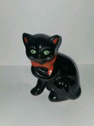 Japan Redware Pottery Retro Black Cat Green Eyes 3 1/4 "