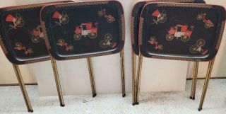 Vintage Metal Tv Trays Set Of 4 Carriage Buggy Pattern See Pictures