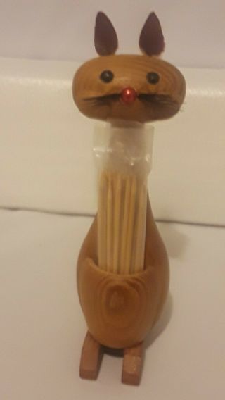 Vintage Mid - Century Modern Wood Siamese Cat Toothpick Holder W/original Picks