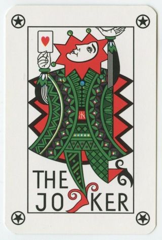 (569) Joker Playing Card - Green & Red Joker Showing Ace Of Hearts (van Lierop)
