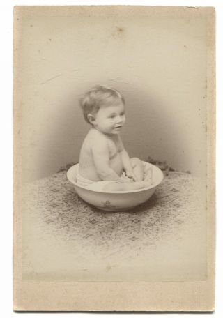 Antique Cabinet Card Photograph Of Baby Sitting In Wash Bowl Basin - Andover,  Ny