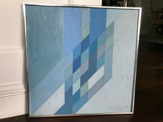 Vintage Mid Century Abstract Blue Geometric Painting - Signed Dated