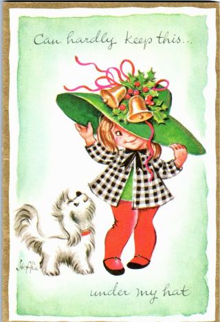 Pretty Girl Lady Jingle Bell Holly Hat Puppy Dog Kid Vtg Christmas Greeting Card