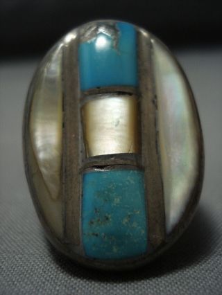 Superlative Vintage Huge Navajo Sterling Silver Inlay Turquoise Ring