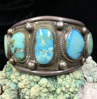 Vintage 1940’s Native American Sterling Silver & Turquoise Cuff Bracelet,  56.  7g