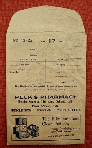 1929 Pecks Pharmacy Photo Envelope Hopkins At 14th St Oakland Ca