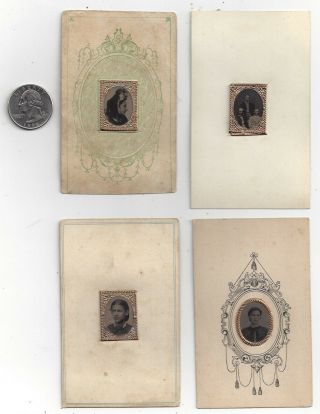 Set Of 4 Very Small 1 Inch Gem Tintype Tin Type Photographs Gold Foil Mattes Vg
