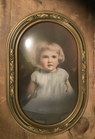 Antique (1910 - 1930’s) Picture Of A Girl - Oval Wood Frame With Convex (bubble) Glass