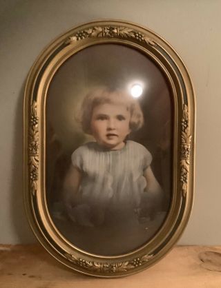 Antique (1910 - 1930’s) Picture Of A Girl - Oval Wood Frame With Convex (bubble) Glass 3
