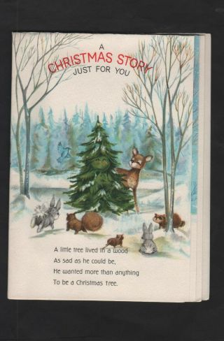 Vintage Hallmark 6 Pages Greeting Christmas Story Card Family Tree Gifts Animal
