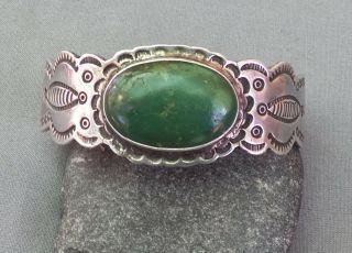 Old Vintage Fred Harvey Era Silver Stamped Green Turquoise Cuff Bracelet Heavy