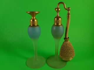 Vintage 6 " Tall Devilbiss Glass Perfume Bottle & Atomizer Set - Robin Egg Blue